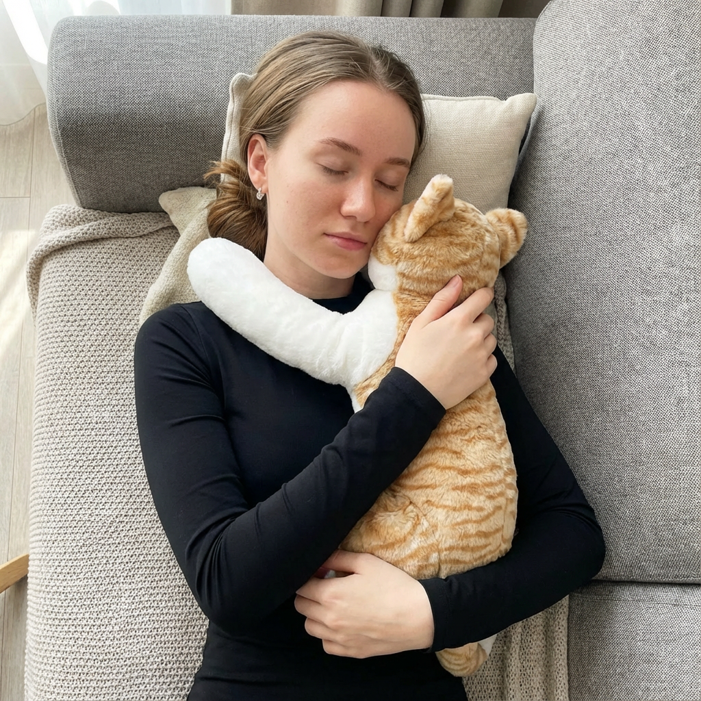 Cuddles the Weighted Cat™ — The weighted plushie whose arms actually hug you back