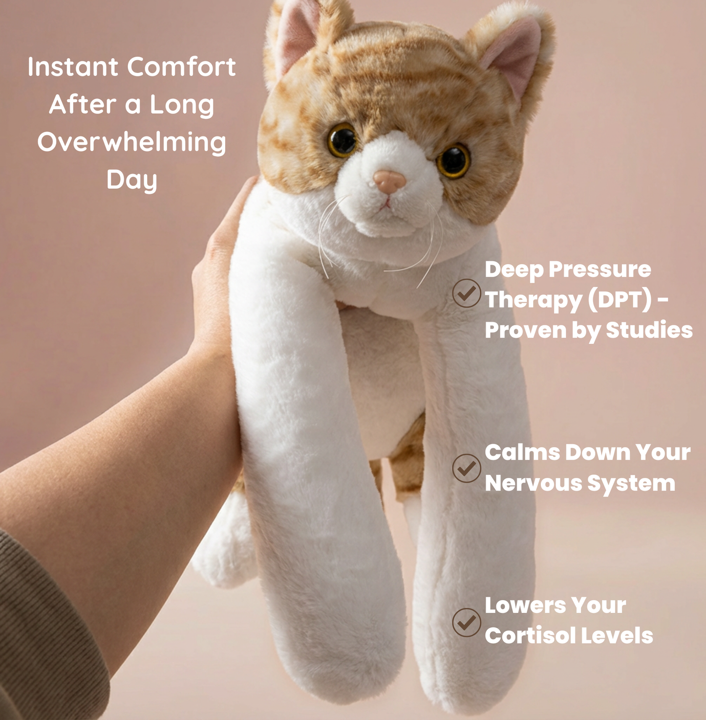 Cuddles the Weighted Cat™ — The weighted plushie whose arms actually hug you back