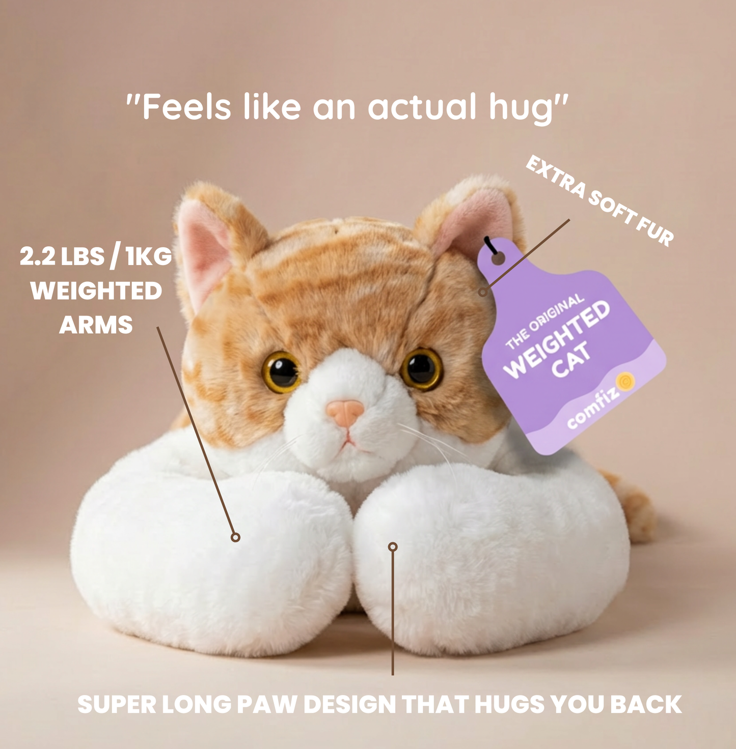 Cuddles the Weighted Cat™ — The weighted plushie whose arms actually hug you back